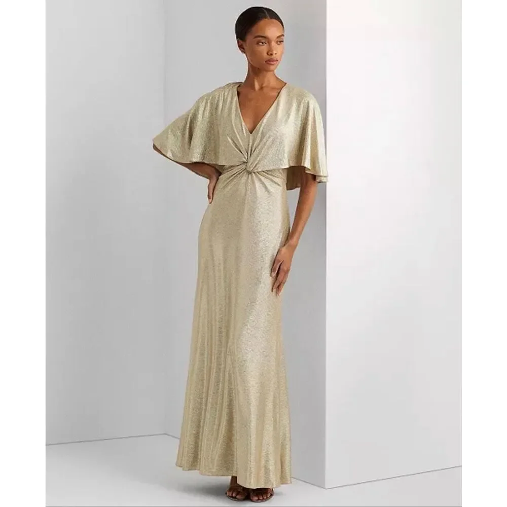 Lauren Ralph Lauren Twist-Front Foil Print Cape-Overlay Gown Gold/Tan 18 - Picture 2 of 7